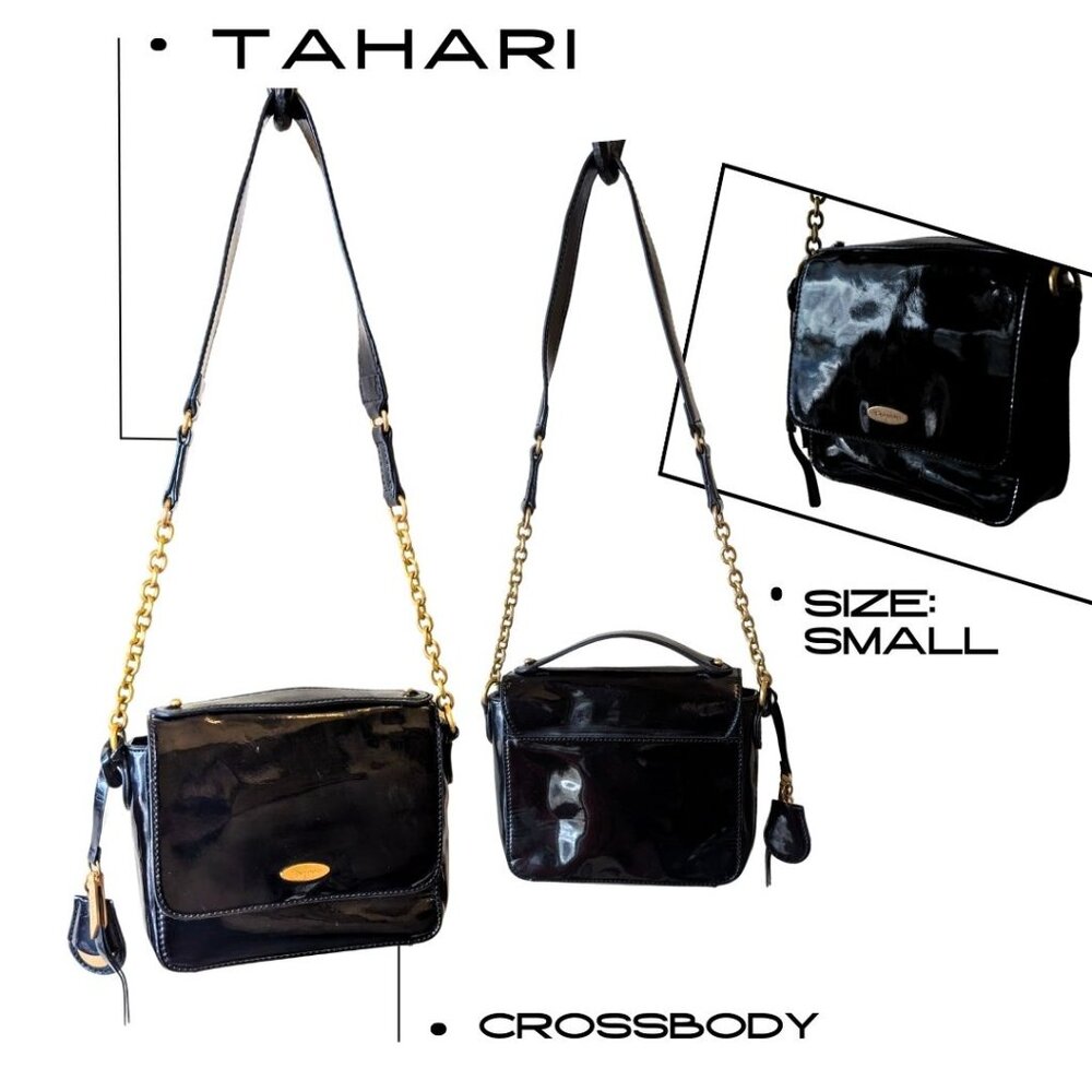 Everyday Petite Tahari Small Black Patent Crossbody Bag Gold Chain Detail